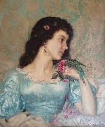 Weerts Jean Joseph Beautiful pensive portrait of a young woman with a bird and flower oil painting artist